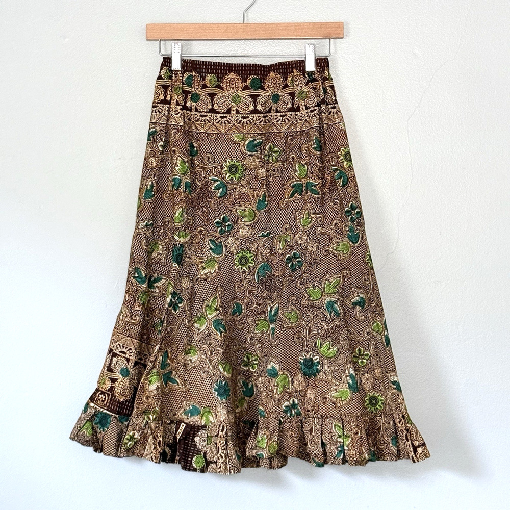 African Skirt XS /Small Brown Green Cream ANKARA FABRIC Nigeria Wax Flare Ruffle